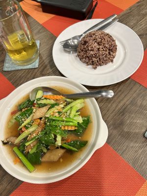 Green “chicken” curry and brown ricee  at Yes Vegan in Pattaya