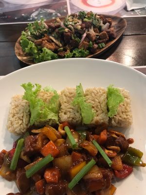 Rice with fried chicken cashew nuts and laarb duck at Yes Vegan in Pattaya