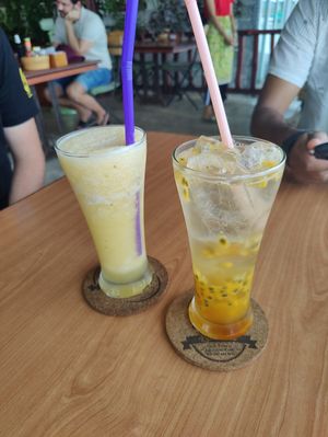 Pineapple juice and passion fruit soda at Pinto Restaurant in Koh Lanta