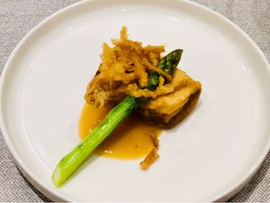 Veganised Charcoal Beancurd with Golden Oyster Mushroom, using Silken Tofu at elemen 元素 - HarbourFront in Central Singapore