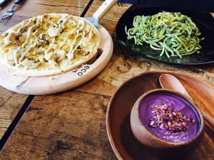Mushroom pizza, purple sweet potato soup and pasta  at Cozy Corner in East Singapore