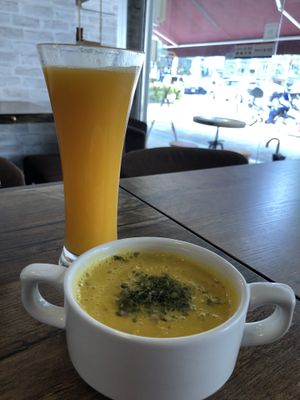 Pumpkin Soy Soup and cold press OJ at Cozy Corner in East Singapore