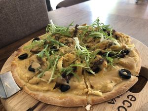 Hummus Pizza - crispy base! at Cozy Corner in East Singapore