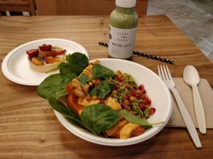 Almond cream dessert, sweet potatoes with spinach, green quinoa and crunchy chickpeas at Flora No Fauna in Moscow