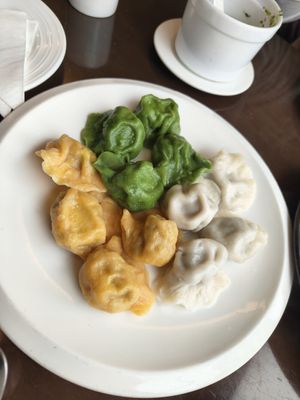 Trio color dumplings ~ Mar 25 at Jujube Tree 枣子树素餐厅 - 成都铂金城店 in Chengdu
