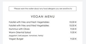 Vegan Menu Updated as of Oct. 2021 at Pepper Grey in Klaipeda