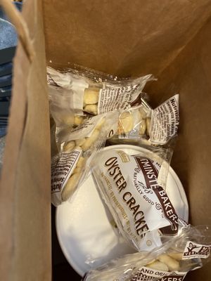 Bag with crackers  at Pike Place Chowder in Seattle