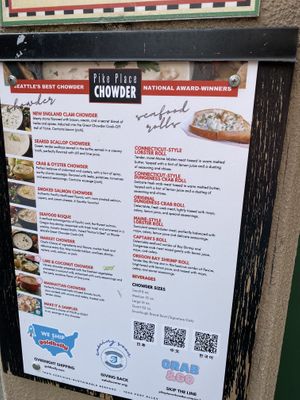 Menu posted outside   at Pike Place Chowder in Seattle