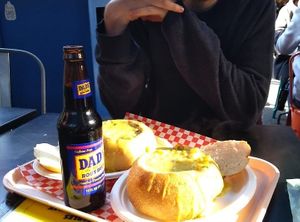 Vegan chowder on a lovely chilly day by the bay! at Pike Place Chowder in Seattle