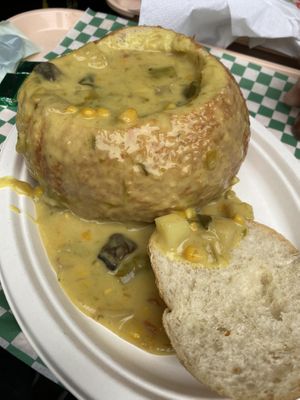 Vegan lime and coconut chowder  at Pike Place Chowder in Seattle