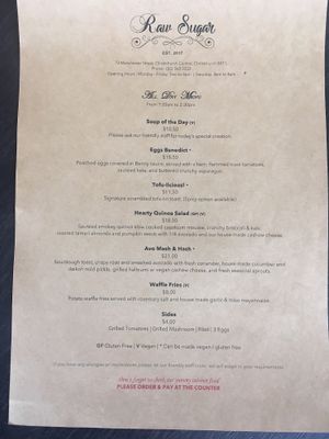 Menu front at Raw Sugar Cafe in Christchurch