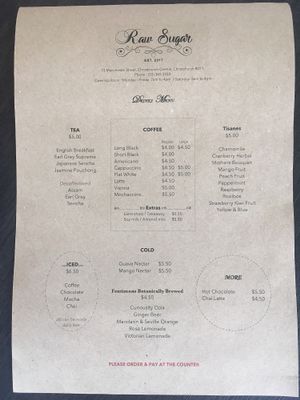 Menu back at Raw Sugar Cafe in Christchurch