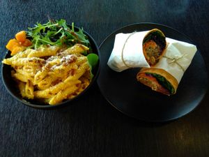 Vegan pasta salad & wrap for $17.50 at Raw Sugar Cafe in Christchurch