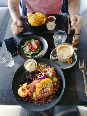 Vegan French toast, hash fries and sausages  at Raw Sugar Cafe in Christchurch
