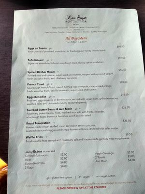 Menu as of Feb 2019 at Raw Sugar Cafe in Christchurch
