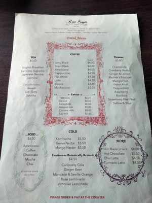 Drink menu, Feb 2019 at Raw Sugar Cafe in Christchurch