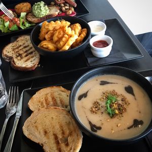 Smashed beans breakfast waffle fries, soup - all vegan at Raw Sugar Cafe in Christchurch