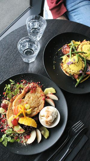 Vegan French toast and vegan “eggs” Benedict  at Raw Sugar Cafe in Christchurch