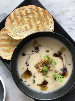 Soup + sourdough  at Raw Sugar Cafe in Christchurch