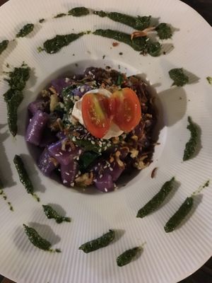 Purple sweet potato gnocchi - so delicious w/ the pesto sauce and cashew cream  at Pure Vegan Heaven @Freeative in Chiang Mai