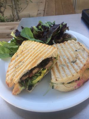 Vegan portobello mushroom sandwich with salad at Cafe Smitten in Bakersfield