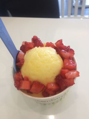Mango coconut ice cream with strawberries  at Creamistry in Bakersfield