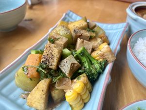 Veg tofu and mock meat dish   at Achi Vegan House in Hanoi