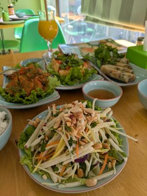 Papaya salad, vegan chicken in ginger, tofu with lemongrass and chilli and fried spring rolls. at Achi Vegan House in Hanoi