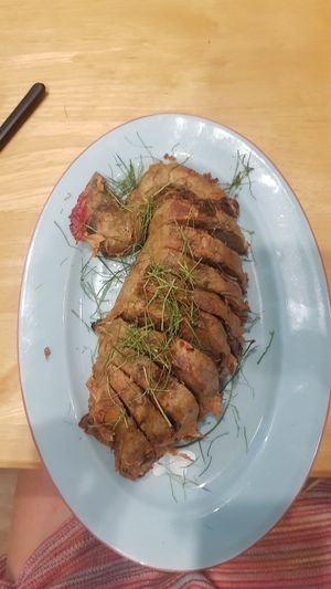 Fried chicken. Totally weird how they make it look real By adding a head? at Achi Vegan House in Hanoi