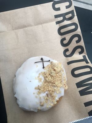 Rhubarb, raspberry and ginger vegan doughnut  at Crosstown Doughnuts - Victoria in London
