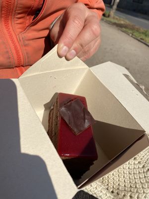 My birthday cake! I don’t remember the name of it but it was a chocolate cake with ganache layers in between and rasperry layer on top. Very good, not too sweet.  at Pastelería y Panadería Sinfonía in Santiago