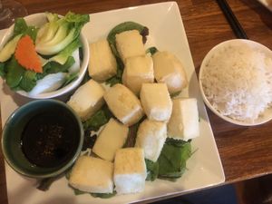 Fried Tofu with a side of veggies  at Rice Bistro in Port Orange