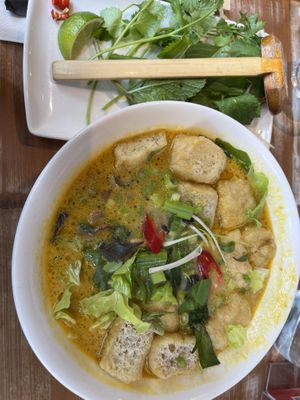 Tofu and mushrooms curry noodle soup  at Pho - Wimbledon in South West London