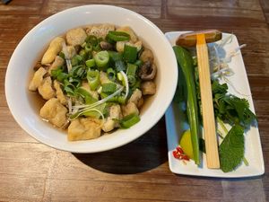 Tofu and button mushroom pho with additional tofu  at Pho - Wimbledon in South West London