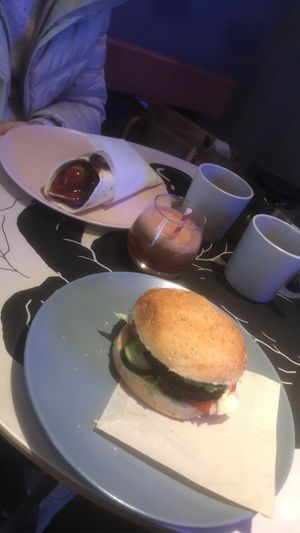 Falafel wrap, soy meat burger(vegan), strawberry lemonade, tea. at Koluchka in Rostov-on-don