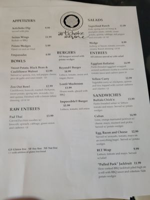 Menu at Artichoke & Vine in Boca Raton
