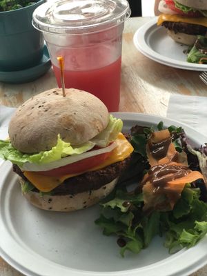 Impossible Burger with watermelon lime aid.  at Artichoke & Vine in Boca Raton