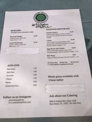 Menu at Artichoke & Vine in Boca Raton