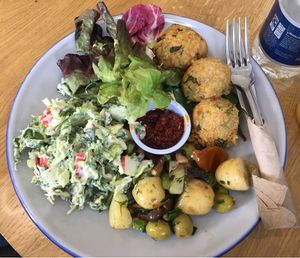 Falafel, harissa, green leaf salad, potato salad and fruity slaw. Delicious! at Henderson's Shop and Salad Table in Edinburgh