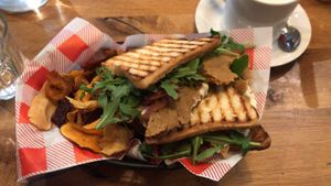 Seitan sandwich and root veg crisps at Henderson's Shop and Salad Table in Edinburgh