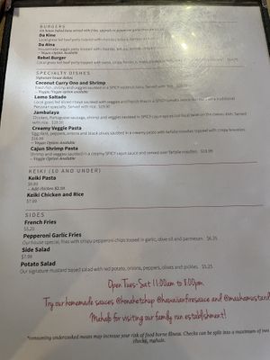 Menu, vegan option label at Rebel Kitchen in Kealakekua