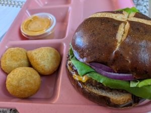 Veggy eleven burger and half of the jalapeno poppers at Veggy Street in Las Vegas