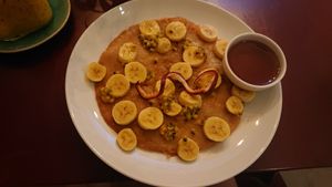 Banana passion fruit pancakes at Footprint Cafes in Siem Reap