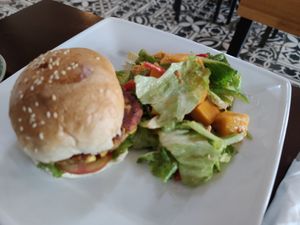 Vegan burger with mango salad at Footprint Cafes in Siem Reap