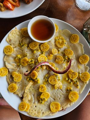 Vegan banana passionfruit pancakes at Footprint Cafes in Siem Reap