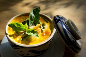 Vegan Curry
A hearty coconut curry packed full of vegetables including sweet potato, carrots, onions, and long beans  at Footprint Cafes in Siem Reap