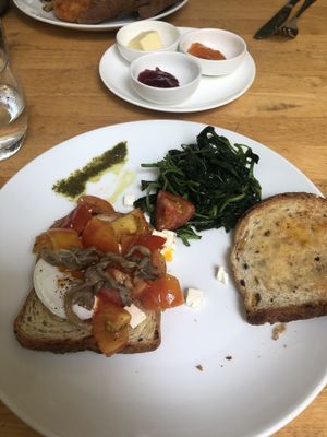The tomatoes were on the other piece of toast, but I moved them over before I took the photo  at Footprint Cafes in Siem Reap
