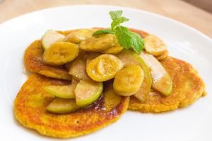 Vegan Pumpkin Pancakes ( Gluten Free )
Pumpkin pancakes made with chickpeas flour, complimented by hints of nutmeg, cinnamon, baking soda, and vanilla flavored.  at Footprint Cafes in Siem Reap