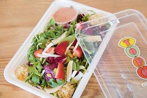 Strawberry Salad with Pignoli Nut Encrusted Herbie Vore at TOPO by Kitchen Mouse in Los Angeles