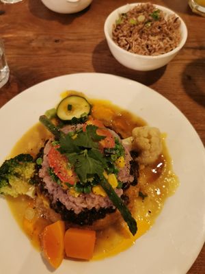 A dish with lentils, sweet potatoes, yam and brown rice at Vantra Vegan in London